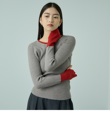 配色キーネックリブニットプルオーバー≪手洗い可能≫