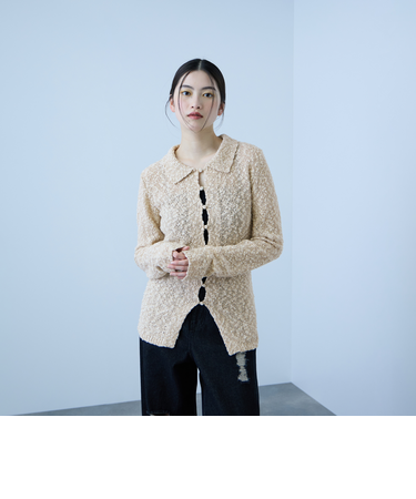 ＜陰影で魅せる＞ツイード風MIXスラブポロカーデ