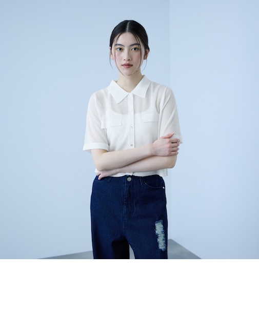 メッシュポロラメニットカーデ