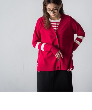 配色ラインVネックカーディガン≪手洗い可能≫