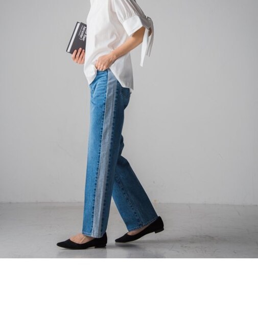 【socolla】WATER LESS DENIMサイドラインパンツ≪洗濯機で洗える≫