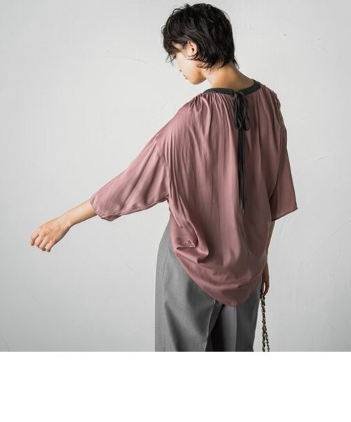 8分袖バックリボン配色サテンブラウス≪洗濯機で洗える≫