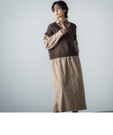 ニットベストドッキングシャツワンピース≪洗濯機で洗える≫