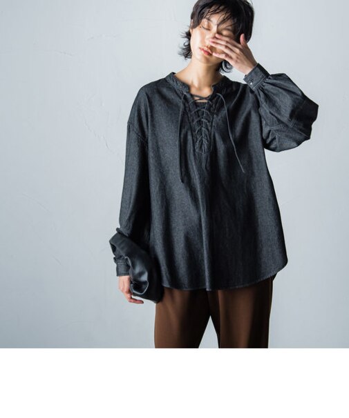 【socolla】デニムレースアップブラウス≪洗濯機で洗える≫