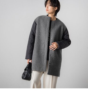 ボア×キルティング中綿ノーカラーコート