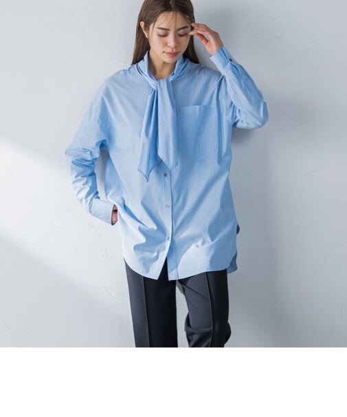 スカーフネックストライプオーバーシャツ≪洗濯機で洗える≫