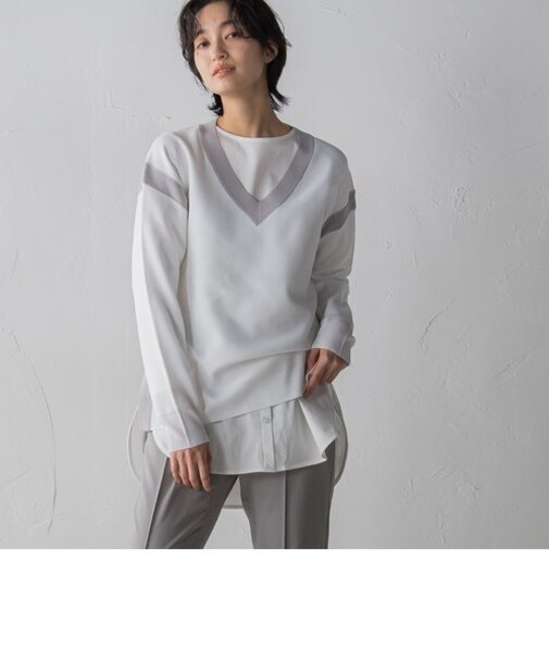 カノコ編み配色ラインVネックニットプルオーバー≪手洗い可能≫