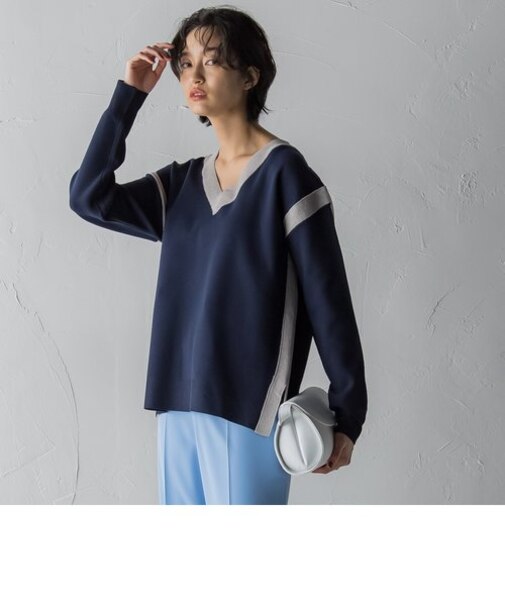 カノコ編み配色ラインVネックニットプルオーバー≪手洗い可能≫