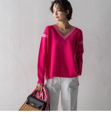 カノコ編み配色ラインVネックニットプルオーバー≪手洗い可能≫