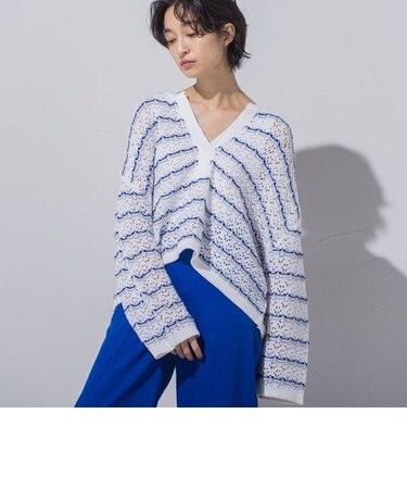 ボーダー柄透かし編みショートニットプルオーバー≪手洗い可能≫