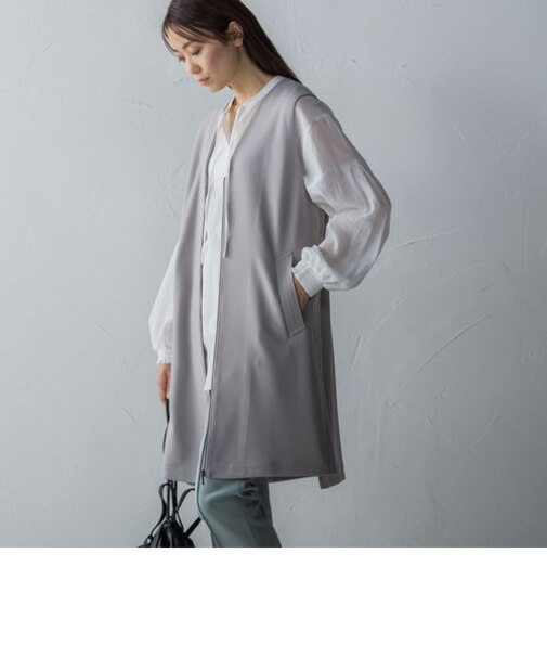 ノーカラーZIPロングジレ≪洗濯機で洗える≫