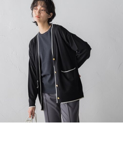 【WEB限定】配色ラインVネックカーディガン≪手洗い可能≫