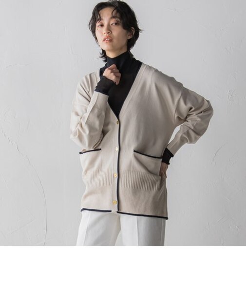 【WEB限定】配色ラインVネックカーディガン≪手洗い可能≫