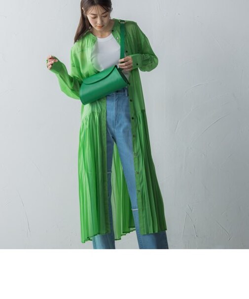 裾プリーツ切り替えシアーシャツワンピース≪洗濯機で洗える≫