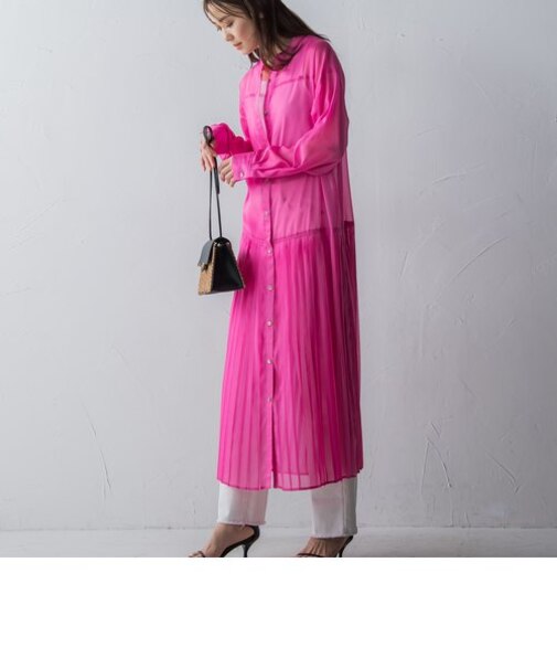 裾プリーツ切り替えシアーシャツワンピース≪洗濯機で洗える≫