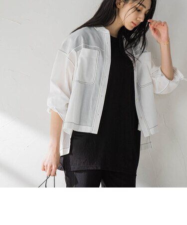 配色ステッチシアークロップドシャツ≪洗濯機で洗える≫