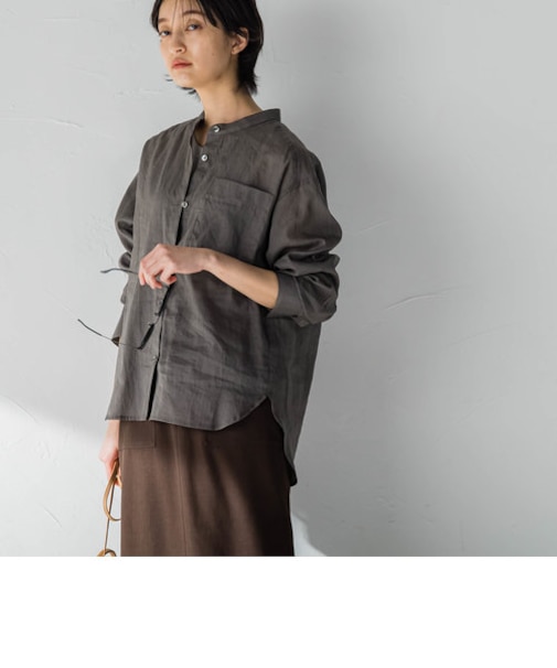 麻ブレンドシアーバンドカラーシャツ≪洗濯機で洗える≫