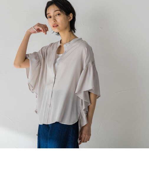 袖ラッフルバンドカラーシャツ≪手洗い可能≫