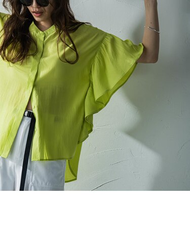 袖ラッフルバンドカラーシャツ≪手洗い可能≫