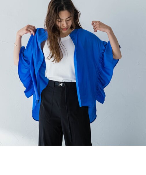 袖ラッフルバンドカラーシャツ≪手洗い可能≫