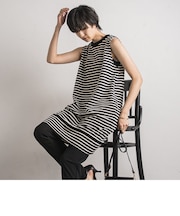 ワンポイント刺繍ボーダーロングプルオーバー≪洗濯機で洗える≫