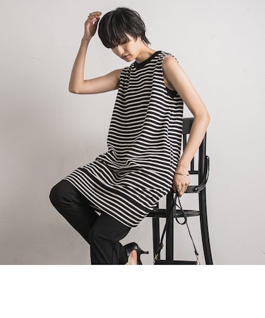 ワンポイント刺繍ボーダーロングプルオーバー≪洗濯機で洗える≫