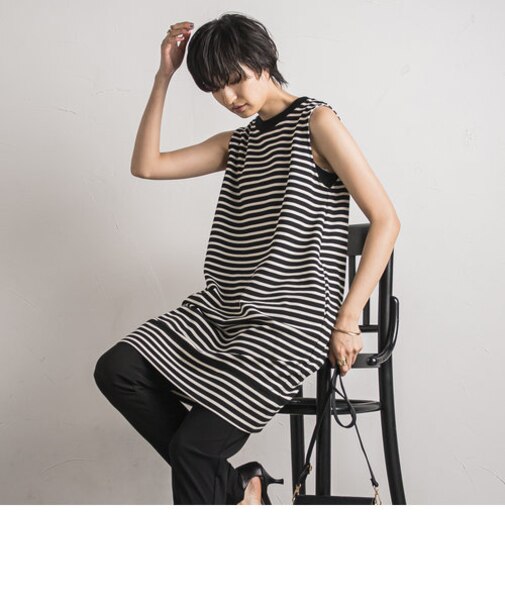 ワンポイント刺繍ボーダーロングプルオーバー≪洗濯機で洗える≫