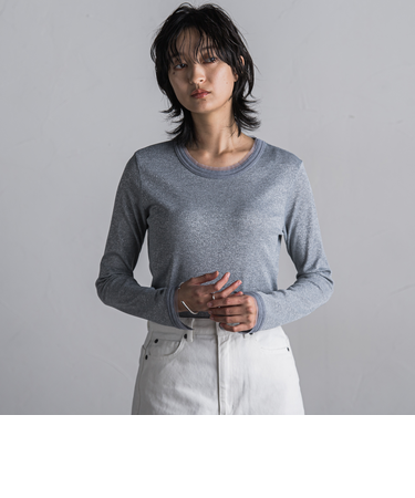 チュール使いラメリブロングTシャツ≪手洗い可能≫