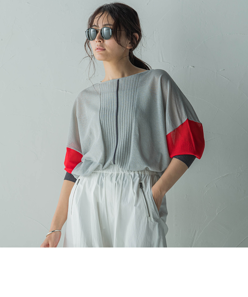 バイカラースリーブニットプルオーバー≪手洗い可能≫