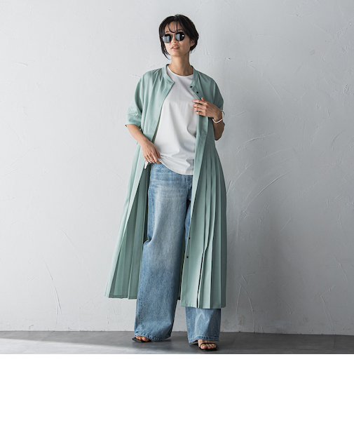 5分袖サイドプリーツシャツワンピース≪手洗い可能≫