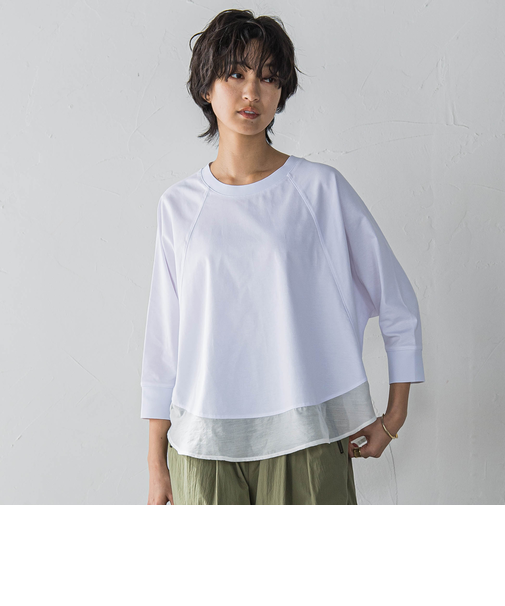 7分袖ドライコットン混裾ドッキングドルマンプルオーバー≪洗濯機で洗える≫