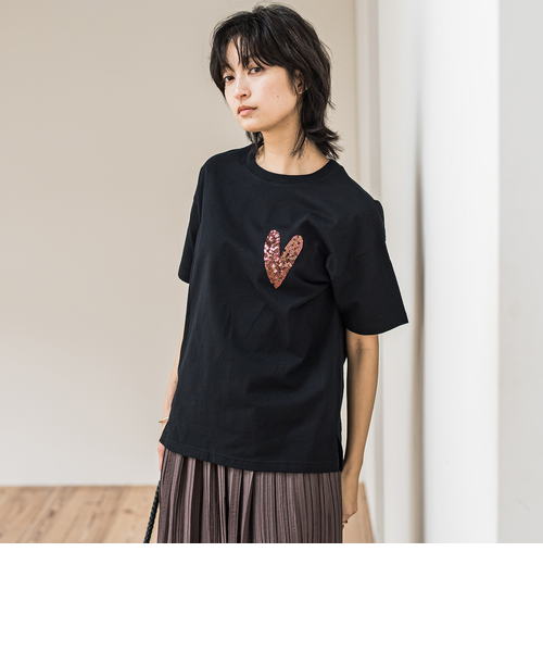 スパンコールハート刺繍Tシャツ≪洗濯機で洗える≫ スパンコールハート刺繍Tシャツ≪洗濯機で洗える≫｜メイソン