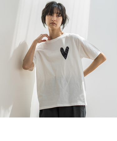 スパンコールハート刺繍Tシャツ≪洗濯機で洗える≫