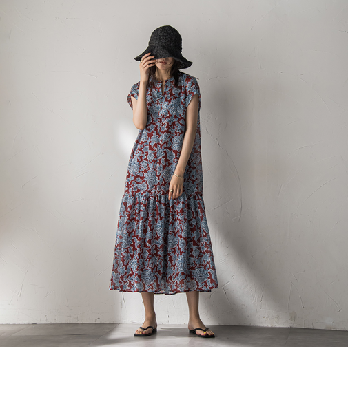 ペイズリー柄スキッパーフレンチワンピース≪洗濯機で洗える≫