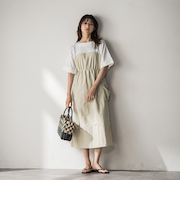 【WEB限定 / 新色追加】異素材ドッキングドロストワンピース≪洗濯機で洗える≫