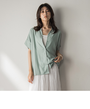 【WEB限定】バンドカラーリネンライクシャツ≪洗濯機で洗える≫