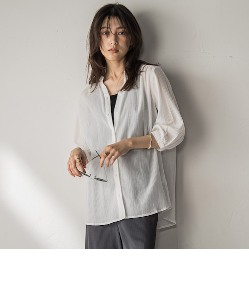 WEB限定】バンドカラー楊柳7分袖シャツ≪洗濯機で洗える≫｜メイソン