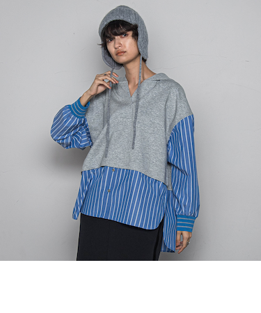 ストライプシャツドッキングスキッパーフーディプルオーバー≪洗濯機で洗える≫