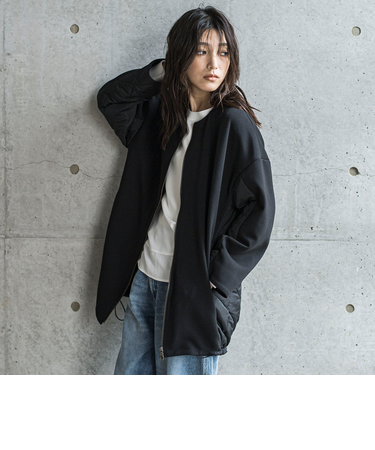 ダンボール×キルティングロングノーカラーブルゾン