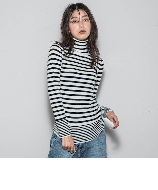 【WEB限定】タートルネックボーダーニットプルオーバー≪手洗い可能≫
