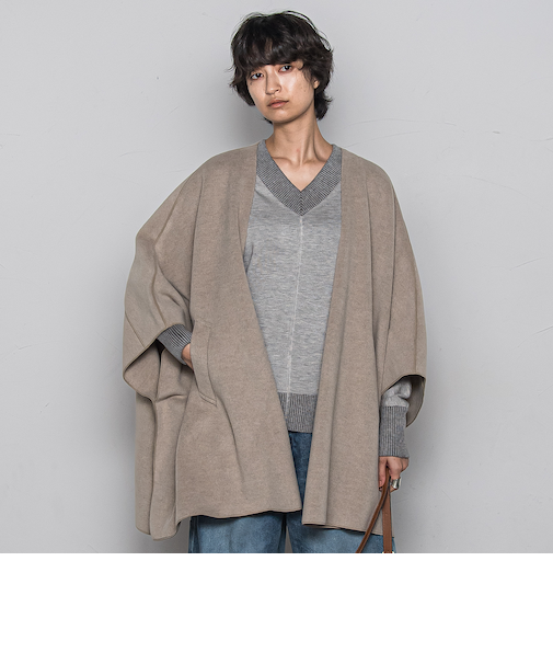 ニット両面パイルノーカラーポンチョ