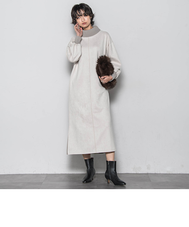 【WEB限定】スウェード×リブモックネックワンピース≪手洗い可能≫