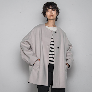 ライトジャージメルトンノーカラーミドルコート