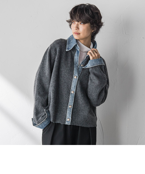 デニムレイヤード風カーディガン≪手洗い可能≫