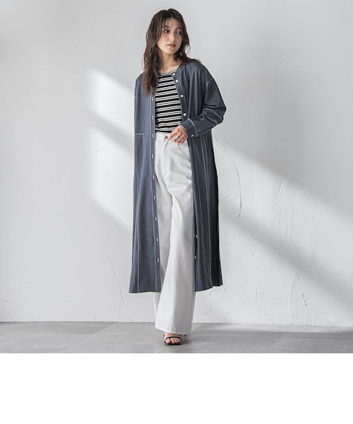 配色ステッチシャンブレーサイドプリーツワンピース≪手洗い可能