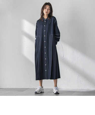 配色ステッチシャンブレーサイドプリーツワンピース≪手洗い可能≫