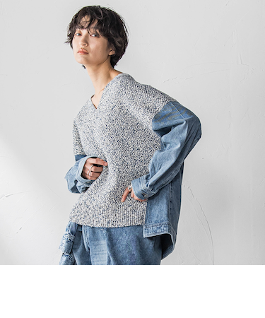 デニムドッキングVネックニットプルオーバー≪洗濯機で洗える≫