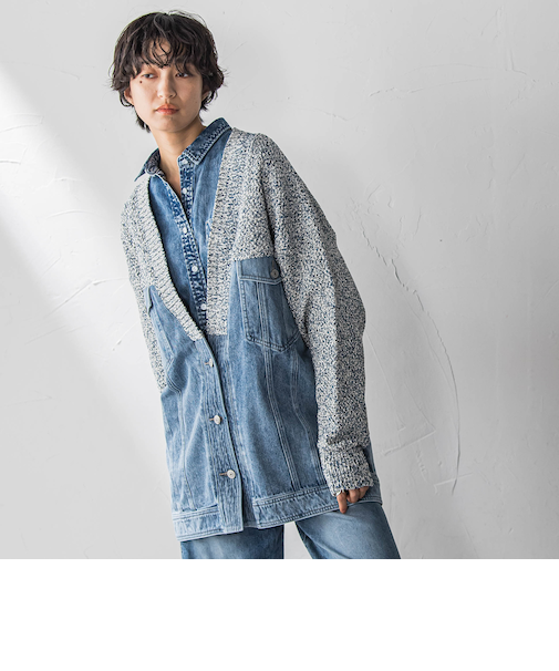 デニムドッキングニットカーディガン≪洗濯機で洗える≫