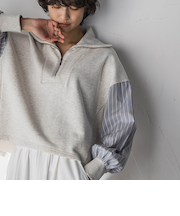 ストライプスリーブハーフジッププルオーバー≪手洗い可能≫
