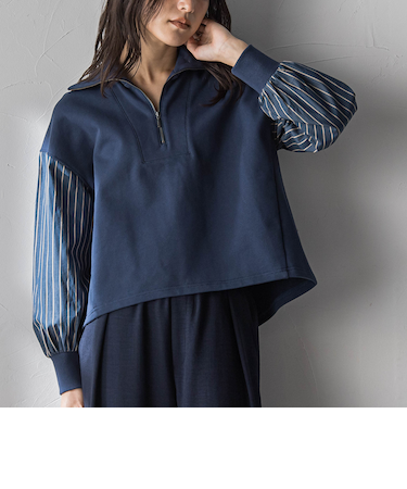 ストライプスリーブハーフジッププルオーバー≪手洗い可能≫